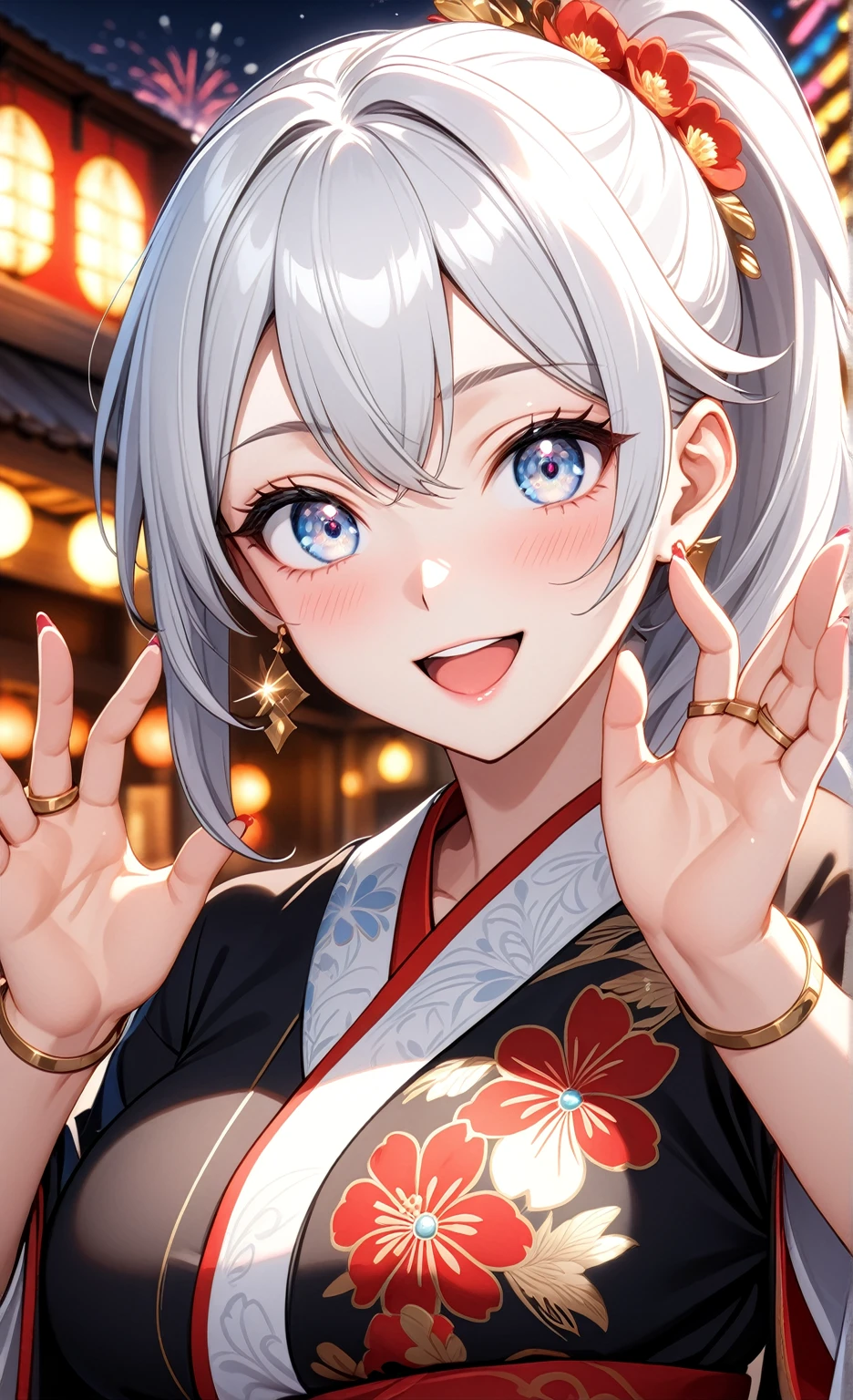 ((one personの女性)), Beautiful Face,(a woman looking excited and joyful. She has sparkling eyes, a wide open mouth with a big smile, and is raising her hands in an enthusiastic pose),(Bright red cheeks:1.3),Glossy pink lips,Cinema lighting,night,Outdoor tavern,firework,((Anime style background)),masterpiece, highest quality, so beautiful, Latest, Complex details, (Pink long nails),(ring),(bracelet),AI-generated, Complex,High resolution, highest quality, super high quality,3D Images、View your viewers、3D Images,one person,Long white hair,High Ponytail,(blue eyes),Anime woman posing for a photo, ((Fine grain、Silvery white colorful eyes、Shining Eyes:1.3)),(Squint your eyes:1.1),a hyperRealistic , hyperRealistic , Realistic,Anime woman with long and white hair, Smooth anime CG art, A woman in a colorful kimono with gold embroidery, (Black kimono),Red floral pattern,Long flower hair ornament,Big earrings,Mature Body,(Big Breasts:1.1),Tall,Fine details,Narrow waist,(Face close-up:1.3), 