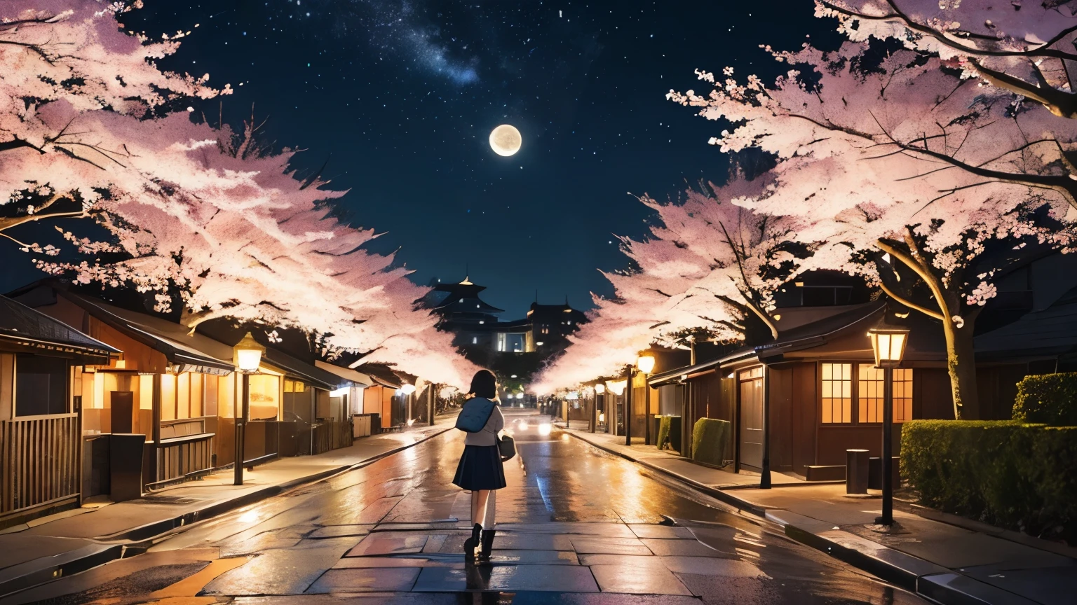 cute cat　Japanese anime style　Quiet night street　The cobblestone road is gently illuminated by street lamps　Shopping street signs lined up、A scene of slightly old buildings　Stars shine in the night sky、The moon is floating dimly　In the foreground is a high school student in uniform.、Walking with a backpack　There is a cherry blossom tree in the background、The petals are dancing slowly　Soft pastel colors throughout　Quiet and calm atmosphere
