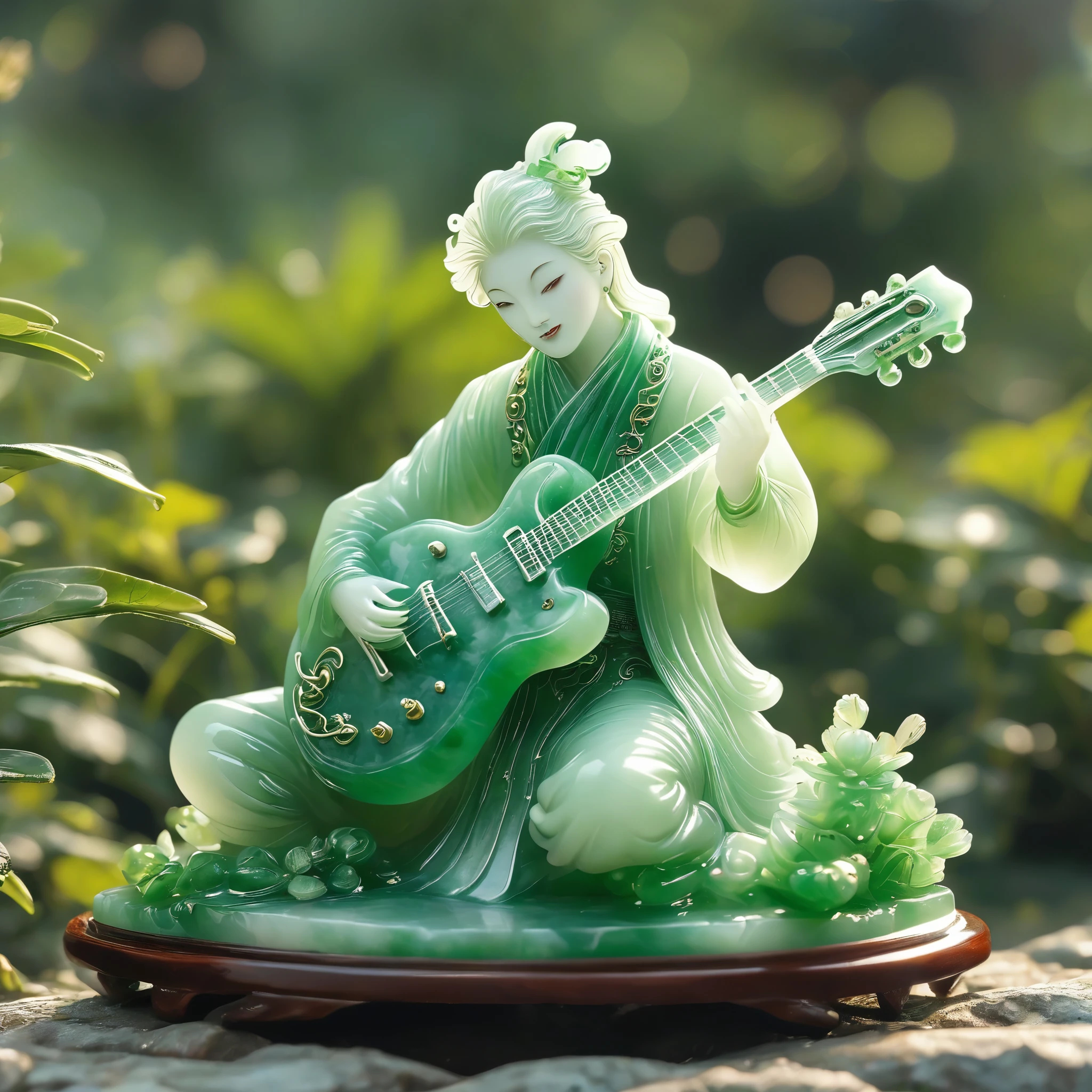best quality, very good, 16K, ridiculous, Very detailed, charming(((Guitarist 1.3))),Made of translucent jadeite, Background grassland((A masterpiece full of fantasy elements))), ((best quality)), ((Intricate details))(8K)