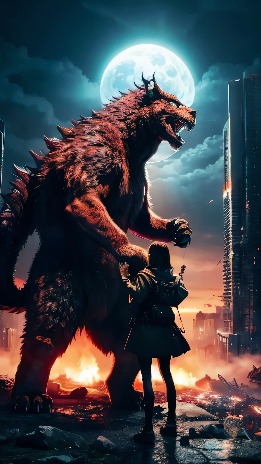 Ultra-high resolution, Superior Quality, highest quality, Super detailed, Realistic, 8k, highest quality, masterpiece, Japanese woman holding hands with a big monster, Ruined City, A dark and mysterious world,