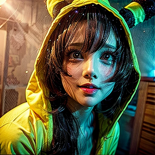 NSFW, (Girl in ((Yellow)) Pikachu hood), (naked hoodie, hood loosely open) . masterpiece 8K best quality, (RAW PhotoRealistic HyperRealism:1.37) Ultra-detailed, (Acutance:0.85), VolumetricLighting, (Studio) gray background with (Blurred colorful Lights dazzling bokeH:1.28), { (Overflowing Gigantic Cleavage;1.2) | Navel | (Golden ray illuminating face) | (Photon Particles:0.95) } . BREAK . (((Extremely detailed KAWAII face))), perfect anatomy, Childish, CaptivatingGaze, Elaborate detailed Eyes with (Sparkling Highlights:1.28), Beautifull Pupils, (Voluminous Long Eyelashes:0.88)、Glossy Lips, Rosy Cheeks, (Flawless FineSkin, Radiant PearlSkin with Transparency) . { (joyful expressions:1.28) | (:d) }, (Large eyes:-1) . ((leaning forward with DownBlouse))