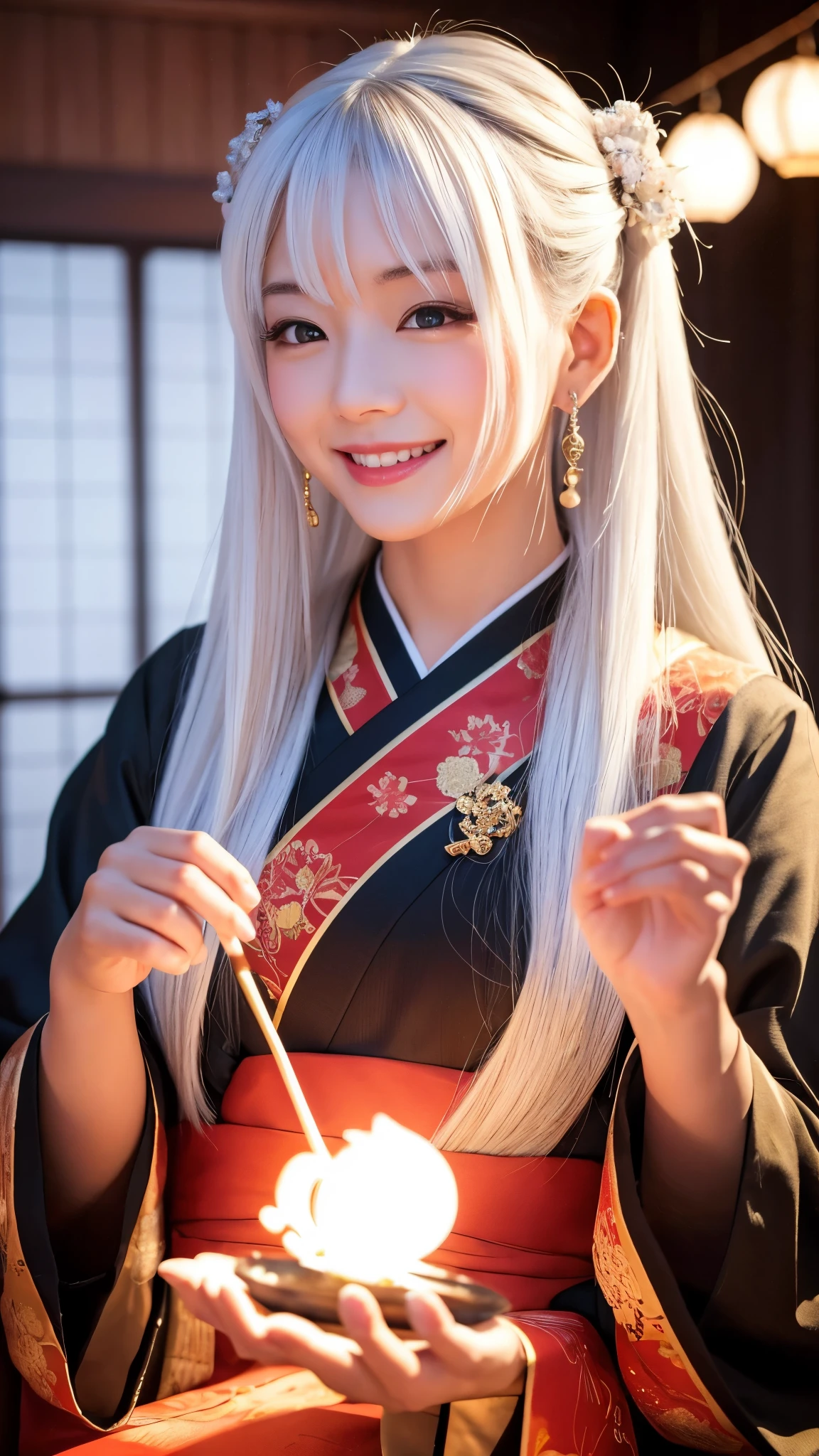 Here is the English prompt for generating an image as you described:

"Create an image of a  with white hair, resembling a Zashiki-warashi, exuding a charming and luxurious aura. The  should have a joyful, radiant smile, evoking a sense of good fortune and prosperity."

If you need further modifications or details, feel free to let me know!