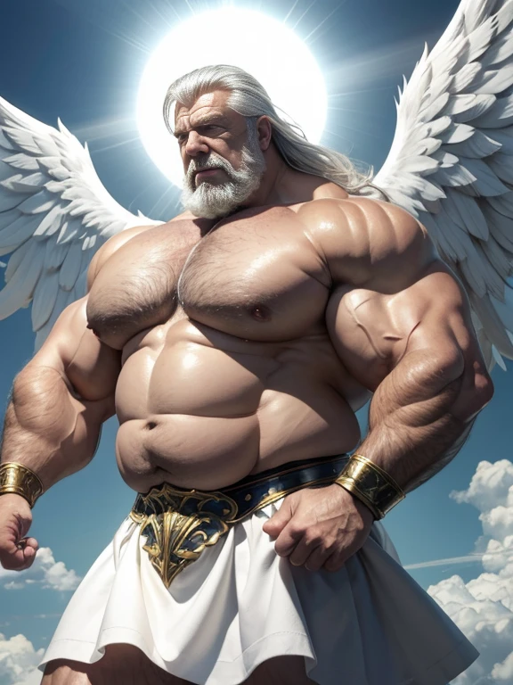 Hyperrealistic image of an elderly man over 79 years old, gray-haired Nordic archangel superhero with huge open white wings and a halo of light on his head super heavy and very fat very handsome bodybuilder with huge flabby pecs and very large and pointed nipples very sweaty jumping in the air in a sky of very white clouds wearing only a Roman skirt of leather and gold