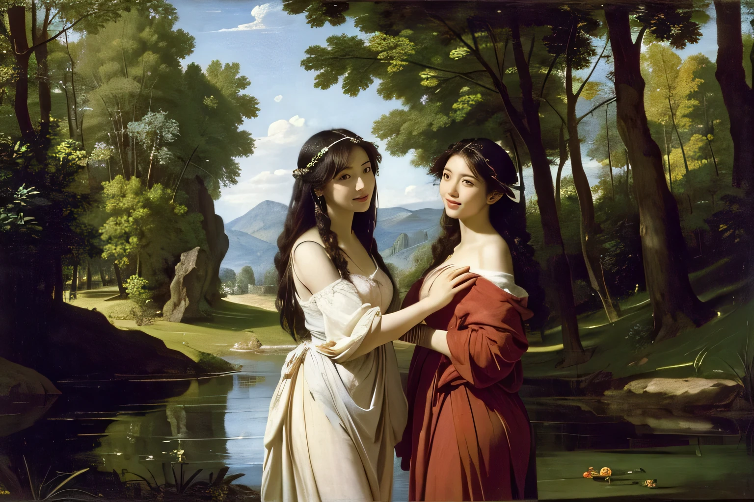 Giorgione painting style,Barbizon forest A beautiful woman in Greek dress smiles on the shore,Sweet and seductive appearance.、Caravaggio's paintings、Chiaroscuro of Caravaggio、hair tousled by the wind,Two women frolicking,cute smile, expression of ecstasy,Sexy,erotic, full body portrait
