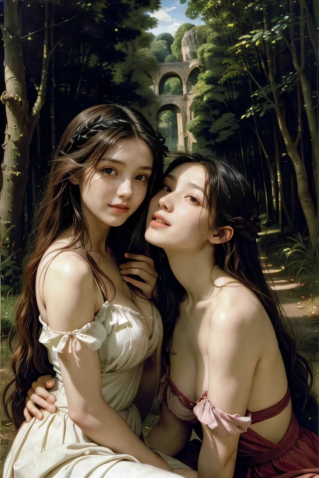 Giorgione painting style,Barbizon forest A beautiful woman in Greek dress smiles on the shore,Sweet and seductive appearance.、Caravaggio's paintings、Chiaroscuro of Caravaggio、hair tousled by the wind,Two women frolicking,cute smile, expression of ecstasy,Sexy,erotic, full body portrait