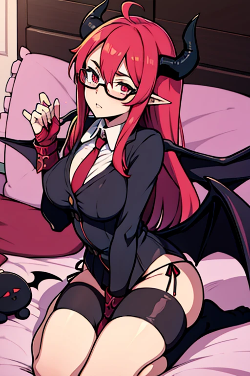 anime succubus girl with horns on her head and bat wings on top of a nerd boy wearing glasses on his bed