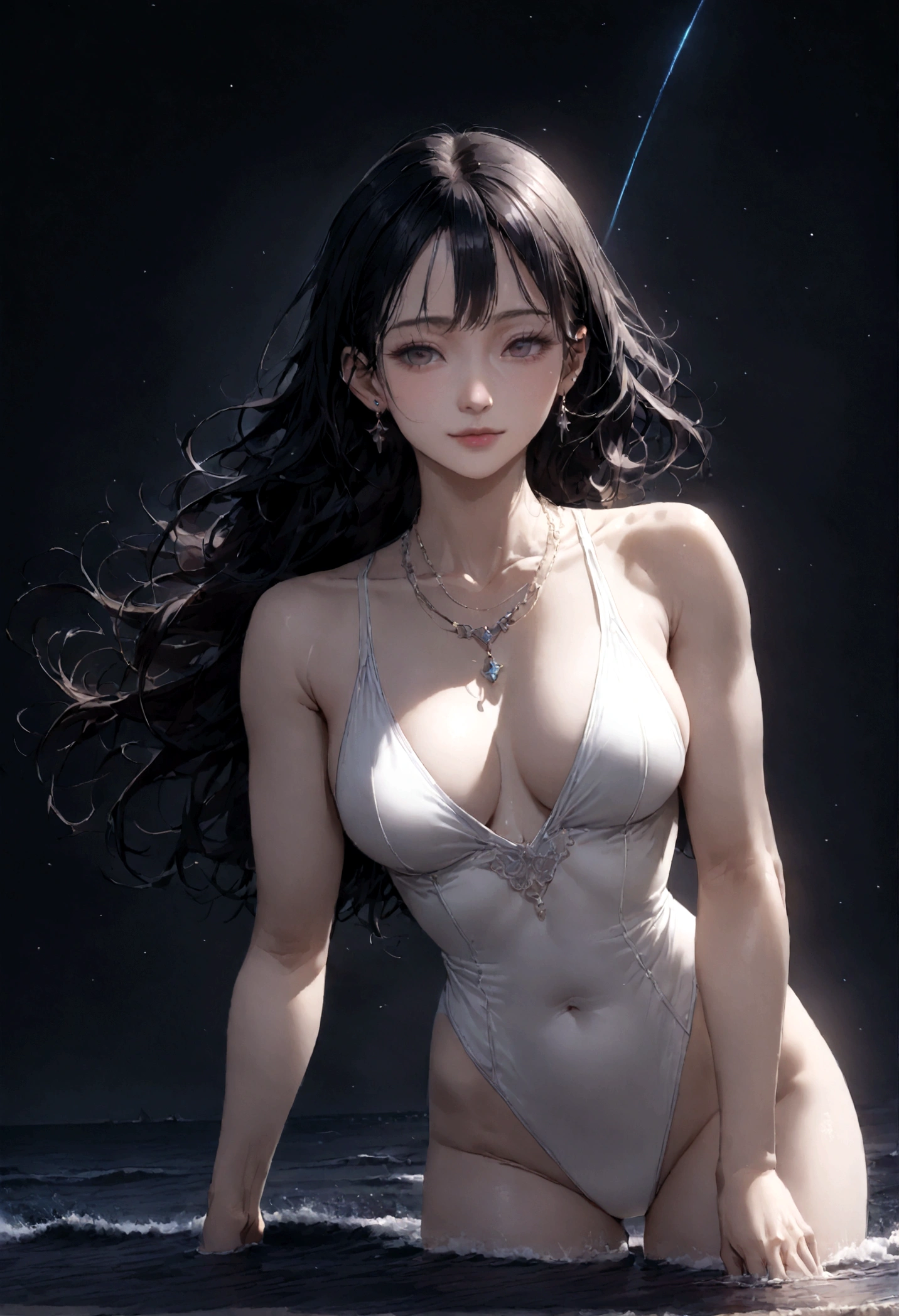 8k, masterpiece, RAW Photos, highest quality, Realistic, Very detailed, Depth of written boundary, Cinematic Light, Anatomically correct body,
One beautiful 40 year old woman, Very beautiful face, Exquisitely detailed face, (A calm and gentle face:1.4), Very delicate skin texture, Transparent muscle, Shiny white skin, Glamorous Body,
(Wavy black long hair:1.2), (Sexy Breasts:1.1),
(White leotard swimsuit:1.2), (Detailed cloth texture:1.2), (Gorgeous necklace:1.1), (Gorgeous earrings:1.1),
(Dark starry background:1.4), (Milky Way:1.1), (milky way:1.1), (shooting star:1.1), (Dark coastline at night:1.4), (Pitch black sea surface:1.4),
(Standing in shallow water on a sandy beach:1.2),
(Upper body close-up:1.2),