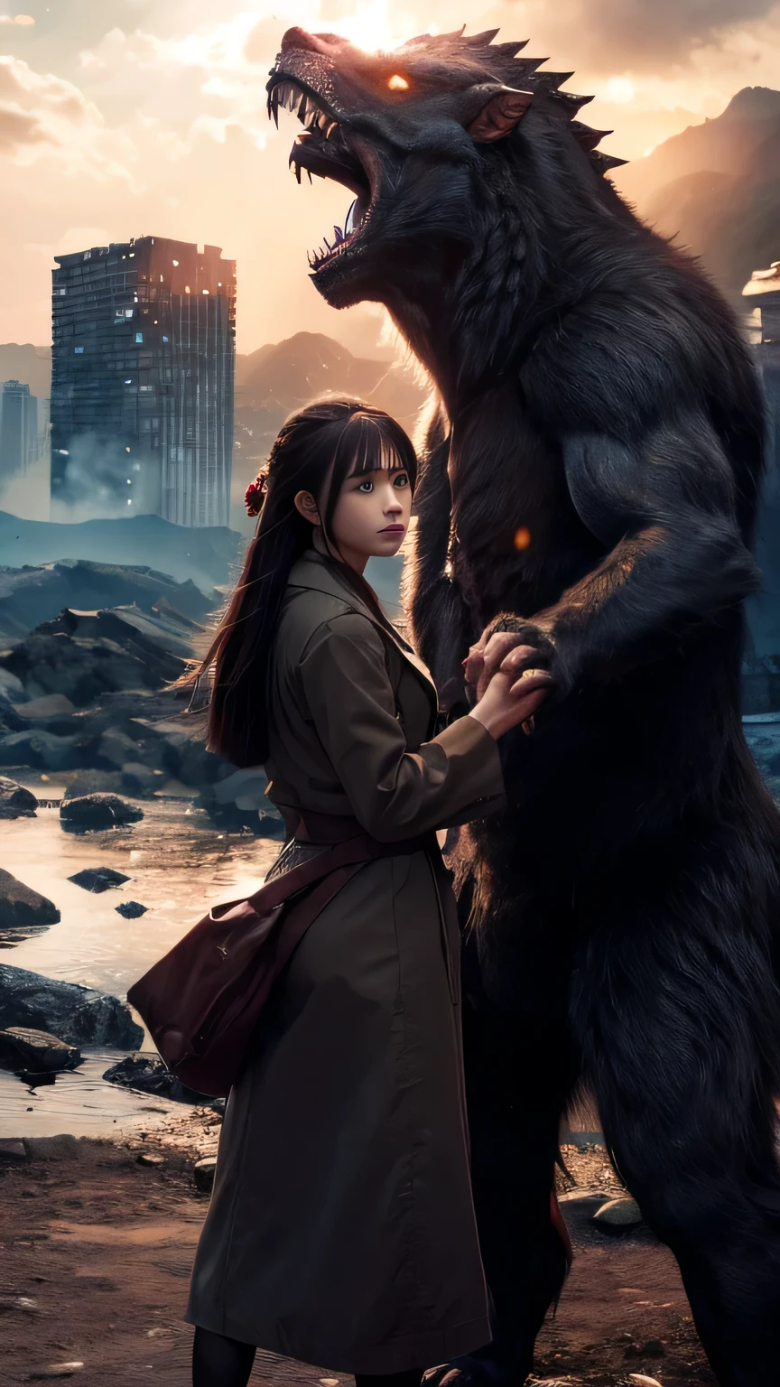 Ultra-high resolution, Superior Quality, highest quality, Super detailed, Realistic, 8k, highest quality, masterpiece, Japanese woman holding hands with a big monster, Ruined City, A dark and mysterious world,