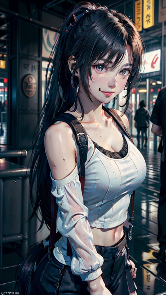 fashion style, masterpiece, best quality, 8k, artstation, sharp focus, (ultrarealistic:1.5), (high details:1.4), raw photo of a young woman, street smiling, backpack, ponytails, faded, complex stuff around, intricate background, soaking wet, (Cinematic:1.4...