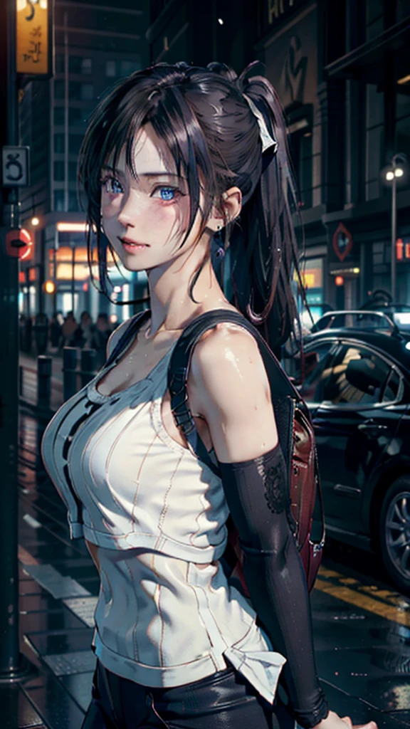 fashion style, masterpiece, best quality, 8k, artstation, sharp focus, (ultrarealistic:1.5), (high details:1.4), raw photo of a young woman, street smiling, backpack, ponytails, faded, complex stuff around, intricate background, soaking wet, (Cinematic:1.4...
