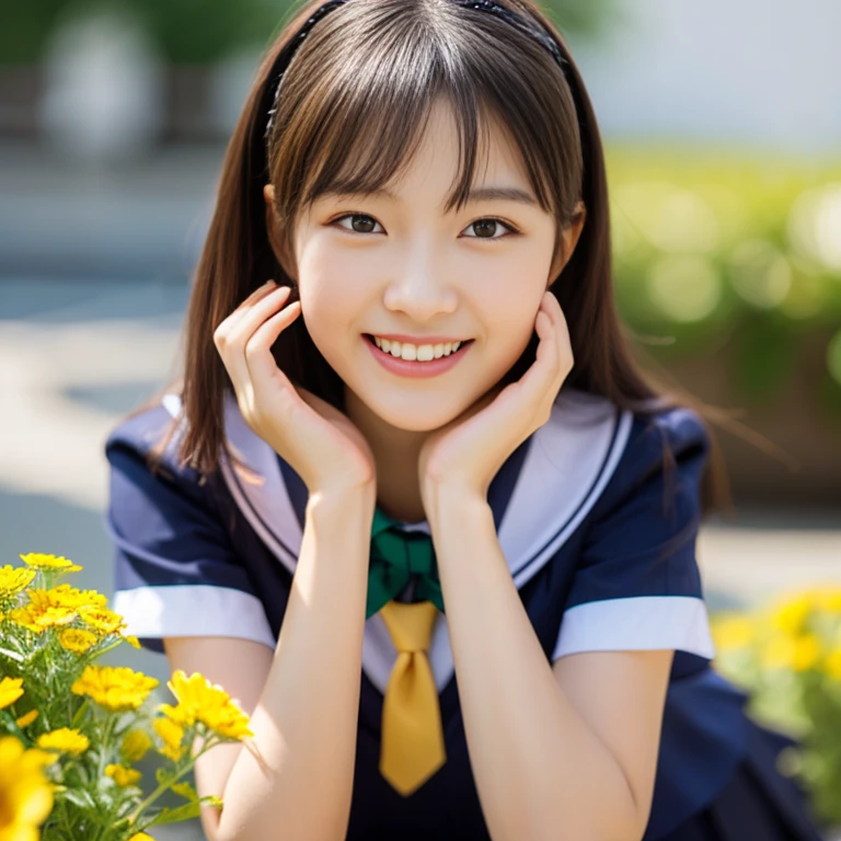 (((full bodyesbian)))、((Girls' High School Uniforms))、((1a person))、ponytail、short-hair、Close to the subject、((a school flower beds)))、(((ssmile)))、(((Girls' High School)))、((a beauty girl))、((natural pose))、Photorealsitic、Beautiful detailed eyes、Hyper-Realism、highcontrast、Ultra HD、realistic skin textures、Top image quality、top-quality、超A high resolution、Fine details、Very meticulously、bokeh、well-endowed round bosom