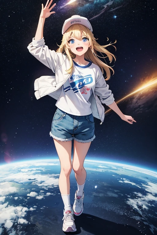 Anime drawings、Full body portrait、Space SF Captain、A woman, standing upright, about 165cm tall, around 32 years old, wearing a grey jacket, white T-shirt and shorts.、Laughing with mouth open、Hairstyle is long straight、Blonde、Blue Eyes、Socks and sneakers、Wearing a cap on his head