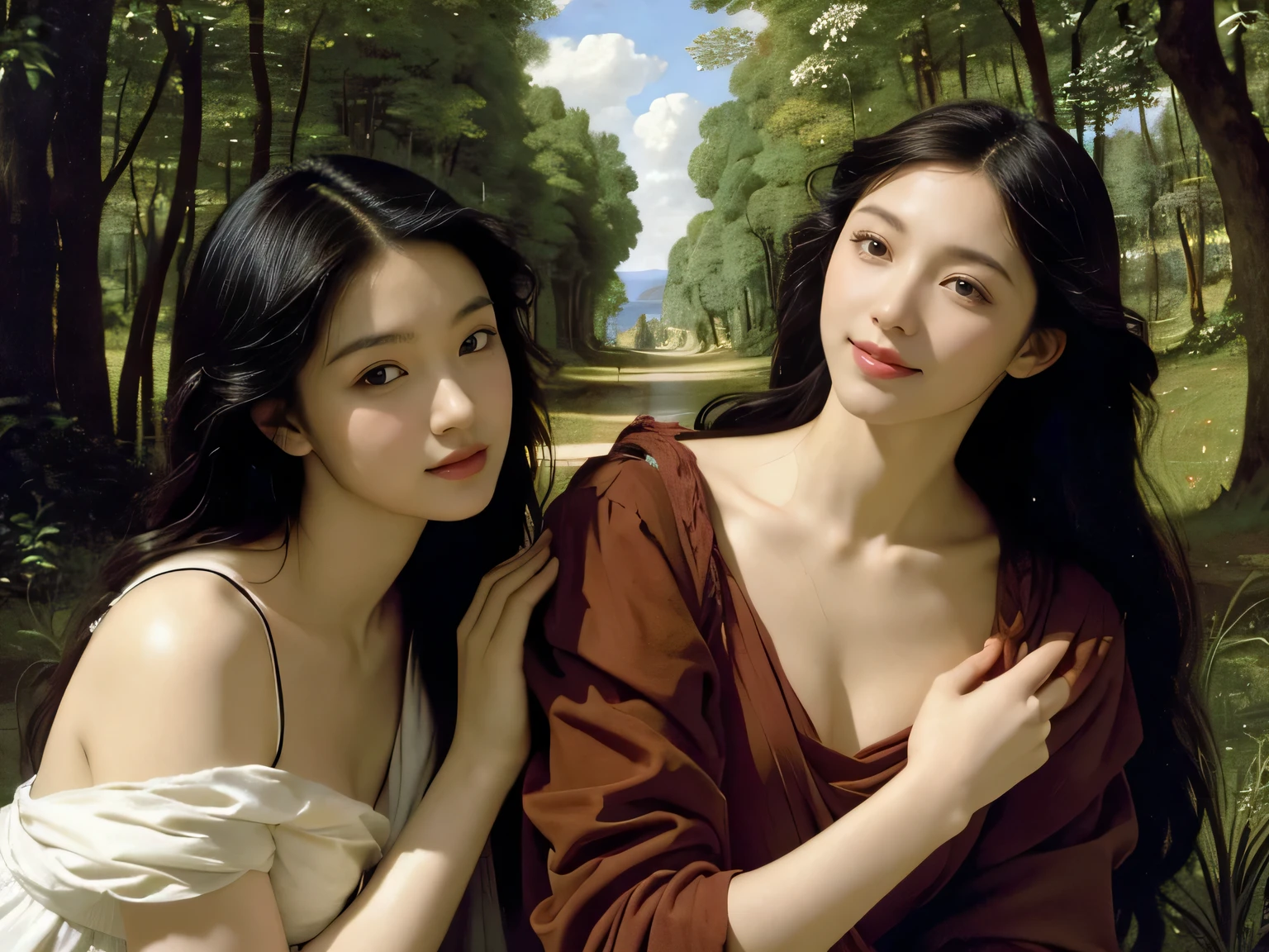 Giorgione painting style,Barbizon forest A beautiful woman in Greek dress smiles on the shore,Sweet and seductive appearance.、Caravaggio's paintings、Chiaroscuro of Caravaggio、hair tousled by the wind,Two women frolicking,cute smile, expression of ecstasy,Sexy,erotic, full body portrait