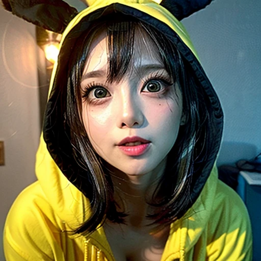 NSFW, (Girl in ((Yellow)) Pikachu hood), (naked hoodie, hood loosely open) . masterpiece 8K best quality, (RAW PhotoRealistic HyperRealism:1.37) Ultra-detailed, (Acutance:0.85), VolumetricLighting, (Studio) gray background with (Blurred colorful Lights dazzling bokeH:1.28), { (Overflowing Gigantic Cleavage;1.2) | Navel | (Golden ray illuminating face) | (Photon Particles:0.95) } . BREAK . (((Extremely detailed KAWAII face))), perfect anatomy, Childish, CaptivatingGaze, Elaborate detailed Eyes with (Sparkling Highlights:1.28), Beautifull Pupils, (Voluminous Long Eyelashes:0.88)、Glossy Lips, Rosy Cheeks, (Flawless FineSkin, Radiant PearlSkin with Transparency) . { (joyful expressions:1.28) | (:d) }, (Large eyes:-1) . ((from above, leaning forward with DownBlouse))