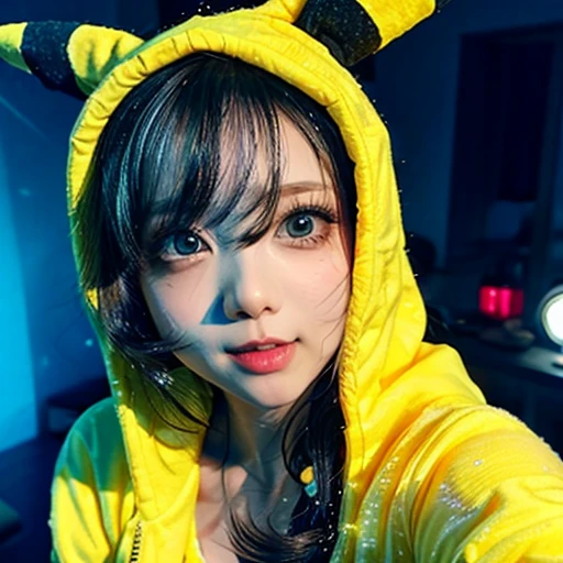 NSFW, (Girl in ((Yellow)) Pikachu hood), (naked hoodie, hood loosely open) . masterpiece 8K best quality, (RAW PhotoRealistic HyperRealism:1.37) Ultra-detailed, (Acutance:0.85), VolumetricLighting, (Studio) gray background with (Blurred colorful Lights dazzling bokeH:1.28), { (Overflowing Gigantic Cleavage;1.2) | Navel | (Golden ray illuminating face) | (Photon Particles:0.95) } . BREAK . (((Extremely detailed KAWAII face))), perfect anatomy, Childish, CaptivatingGaze, Elaborate detailed Eyes with (Sparkling Highlights:1.28), Beautifull Pupils, (Voluminous Long Eyelashes:0.88)、Glossy Lips, Rosy Cheeks, (Flawless FineSkin, Radiant PearlSkin with Transparency) . { (joyful expressions:1.28) | (:d) }, (Large eyes:-1) . ((from above, leaning forward with DownBlouse))
