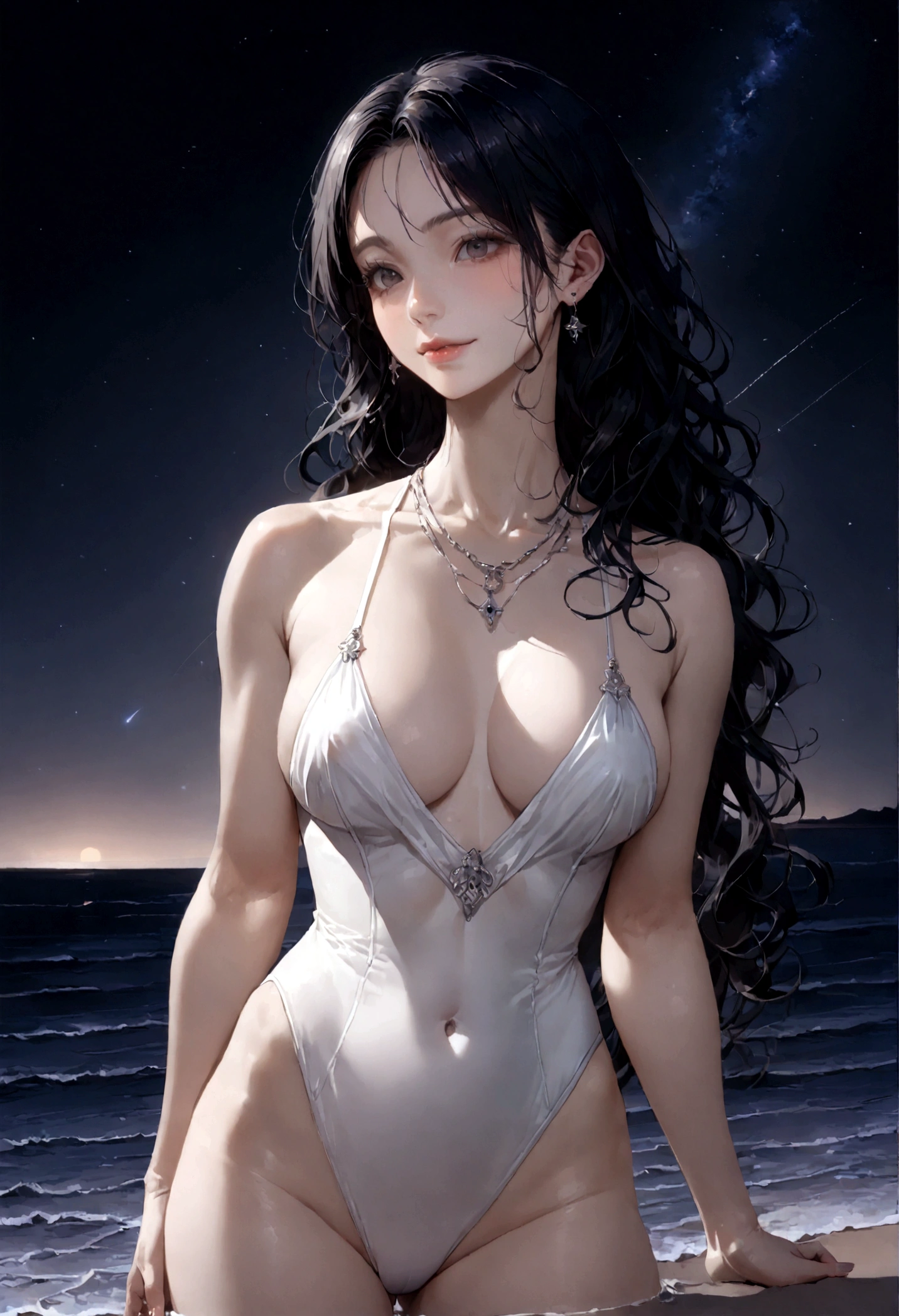 8k, masterpiece, RAW Photos, highest quality, Realistic, Very detailed, Depth of written boundary, Cinematic Light, Anatomically correct body,
One beautiful 40 year old woman, Very beautiful face, Exquisitely detailed face, (A calm and gentle face:1.4), Very delicate skin texture, Transparent muscle, Shiny white skin, Glamorous Body,
(Wavy black long hair:1.2), (Sexy Breasts:1.1),
(White leotard swimsuit:1.2), (Detailed cloth texture:1.2), (Gorgeous necklace:1.1), (Gorgeous earrings:1.1),
(Dark starry background:1.4), (Milky Way:1.1), (milky way:1.1), (shooting star:1.1), (Dark coastline at night:1.4), (Pitch black sea surface:1.4),
(Standing in shallow water on a sandy beach:1.2),
(Cowboy Shot:1.2),