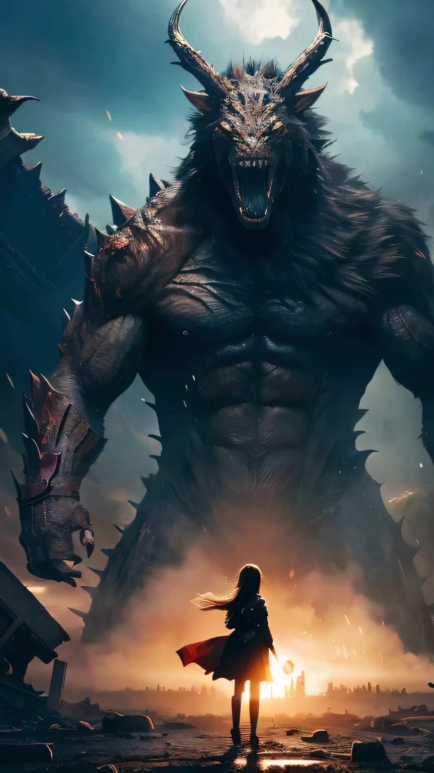 Ultra-high resolution, Superior Quality, highest quality, Super detailed, Realistic, 8k, highest quality, masterpiece, Japanese woman holding hands with a big monster, Ruined City, A dark and mysterious world,