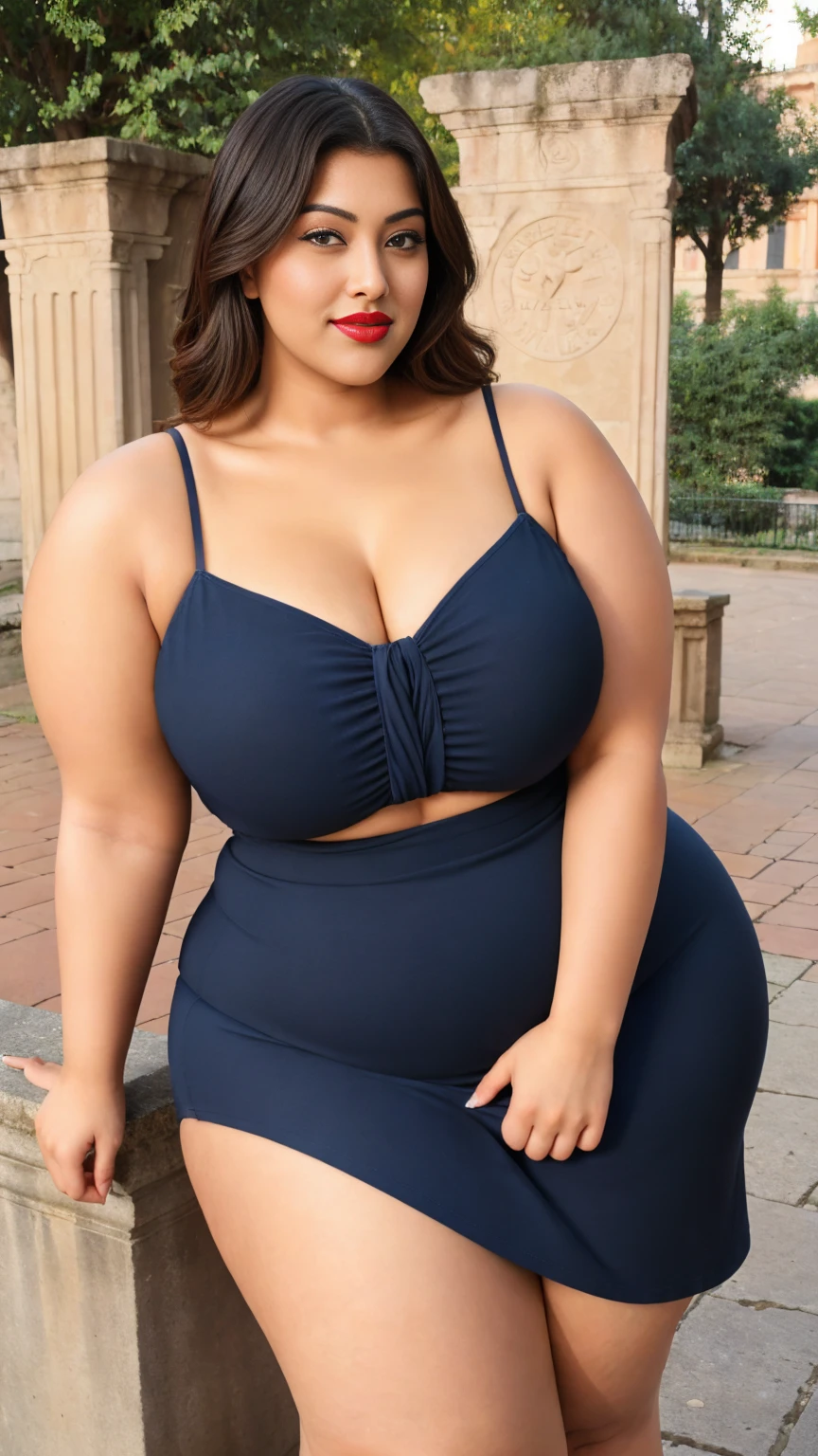 Madhubala an Indian sexy curvy plus size body beautiful actress in a sexy and short navy blue cocktail dress and red lipstick posing for a picture in a historic plaza for photoshoot, camera front facing, smilling face, head to toe view, full body shot, hourglass body shape, curvy plus size body, bigger waist, busty, big hips, fleshy thighs, thick thighs, busty, full body view, head to to view, american woman, full body shot, sexy girl, beautiful curves, curvy model, attractive curves, attractive feminine curves, gorgeous woman, Rome: Known for its ancient architecture, historic plaza background