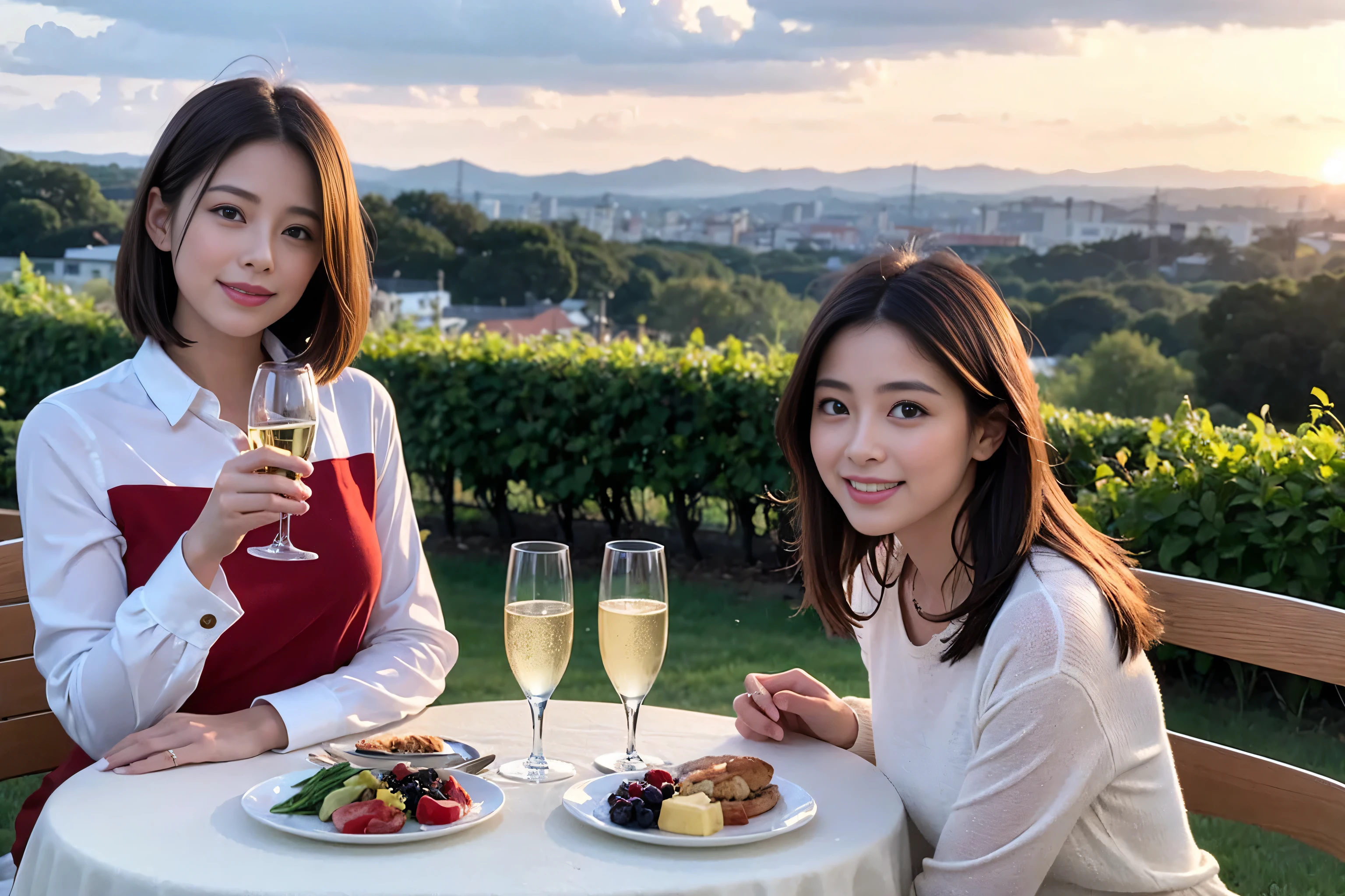 ((highest quality、8k、masterpiece:1.3))、A lover who resembles Satomi Ishihara、Beautiful couple、smile、full-course dinner、 (Slim face), (the body is スリム), (Brown Hair), (Short Hair), Wine glasses on the table、Amazing view of the sunset sky and clouds、 (Age 44), 39 years old, Wine bottle、Champagne、sparkling wine、Long sleeve shirt、dress、White wine, red wine,