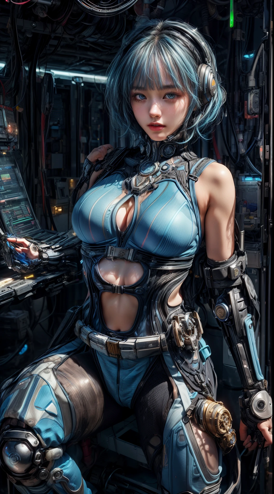 (((Differing views:1.5)))、(((Various poses:1.2)))、((barcode))、(((Different actions:1.5)))、(smile)、Mature Woman、masterpiece,highest quality,Very detailed,(((Big Breasts)))、 (((Shingard:1.2、Elbow Guard:1.2、Knee guard:1.2、Chest Guard:1.2、Shoulder guard:1.2、Hard protector with detailed decoration:1.5)))、(((Tank-like mechanical protector:1.9)))、、bite、(Abdominal muscles)、((Light blue hair))、((Black Hair))、((Two-tone hair))、((Gradient Hair))、((((Trendy quirky hairstyles)))), ((Near future)),((sf)),Machinery Parts、((A white, ultra-tight plug suit with detailed decoration))、Very beautiful woman、headset、(((Luminous Hard Protector Suit)))、Slender women、((cyber punk))、(((Digital Metaverse)))、((Dark virtual space))、((Neon color))、(Lots of monitors)、((Fluorescent lighting in server room))、((Lots of electronics))、(((Connect with code)))、(Detailed face)、Realistic Skin、((Delicate photo)),(少女のmasterpiece、Photo details:1.25), (highest quality:1.6), (超A high resolution:1.5), (Realistic:1.75), 8K resolution, Canon EOS R5, 50mm, Absurd, Very detailed,Cinema Lighting,Browsing Caution:0.4、((Powered Suit))