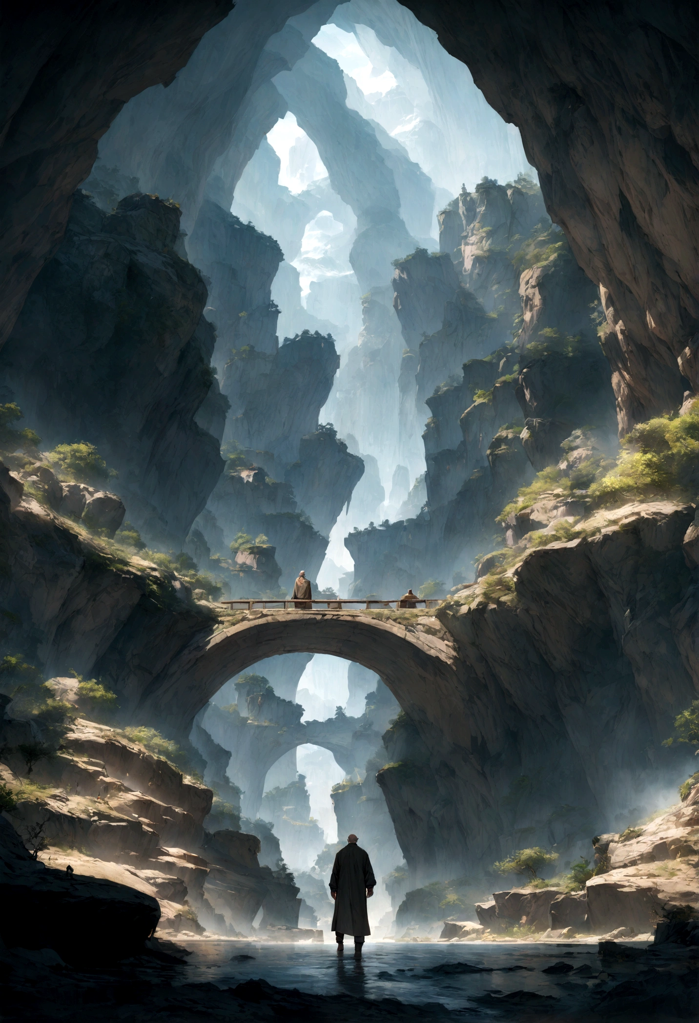 An old man walking on the surface of a large river surrounded by cliffs、Big eyes、Skinhead、Cover with cloth、Art Station, High resolution, Intricate details, Cinematic, highest quality, 4K, 8k, High resolution, masterpiece