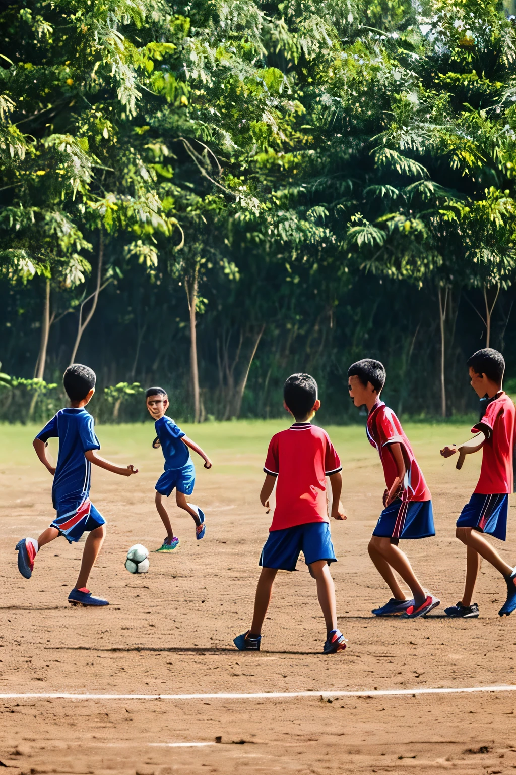 depict a group of boys playing soccer on a field in rural Indonesia