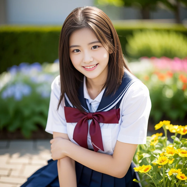 (((full bodyesbian)))、((Girls' High School Uniforms))、((１a person))、ponytail、short-hair、Close to the subject、((a school flower beds)))、(((ssmile)))、(((Girls' High School)))、((a beauty girl))、((natural pose))、Photorealsitic、Beautiful detailed eyes、Hyper-Realism、highcontrast、Ultra HD、realistic skin textures、Top image quality、top-quality、超A high resolution、Fine details、Very meticulously、bokeh、well-endowed round bosom