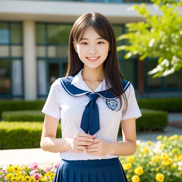 (((full bodyesbian)))、((Girls' High School Uniforms))、((１a person))、ponytail、short-hair、Close to the subject、((a school flower beds)))、(((ssmile)))、(((Girls' High School)))、((a beauty girl))、((natural pose))、Photorealsitic、Beautiful detailed eyes、Hyper-Realism、highcontrast、Ultra HD、realistic skin textures、Top image quality、top-quality、超A high resolution、Fine details、Very meticulously、bokeh、well-endowed round bosom