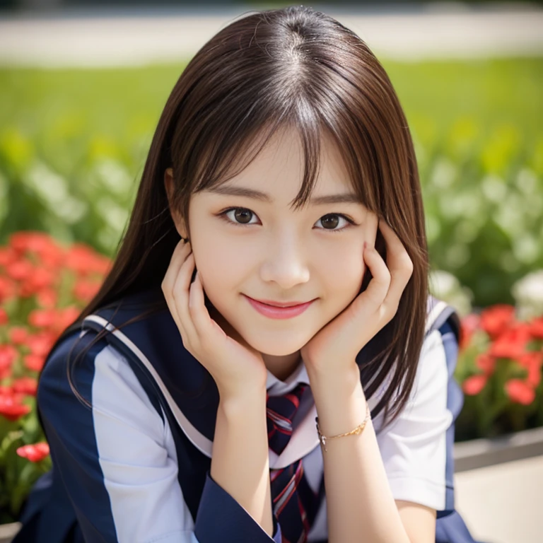 (((full bodyesbian)))、((Girls' High School Uniforms))、((１a person))、ponytail、short-hair、Close to the subject、((a school flower beds)))、(((ssmile)))、(((Girls' High School)))、((a beauty girl))、((natural pose))、Photorealsitic、Beautiful detailed eyes、Hyper-Realism、highcontrast、Ultra HD、realistic skin textures、Top image quality、top-quality、超A high resolution、Fine details、Very meticulously、bokeh、well-endowed round bosom