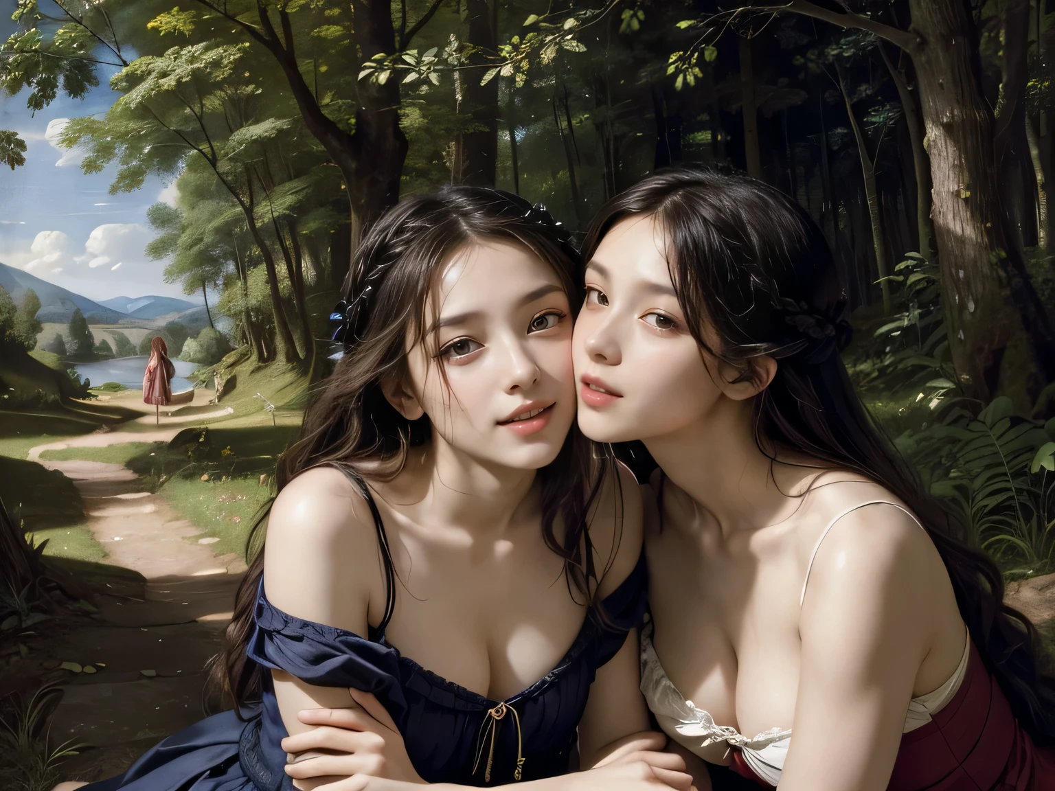 Giorgione painting style,Barbizon forest A beautiful woman in Greek dress smiles on the shore,Sweet and seductive appearance.、Caravaggio's paintings、Chiaroscuro of Caravaggio、hair tousled by the wind,Two women frolicking,cute smile, expression of ecstasy,Sexy,erotic, full body portrait