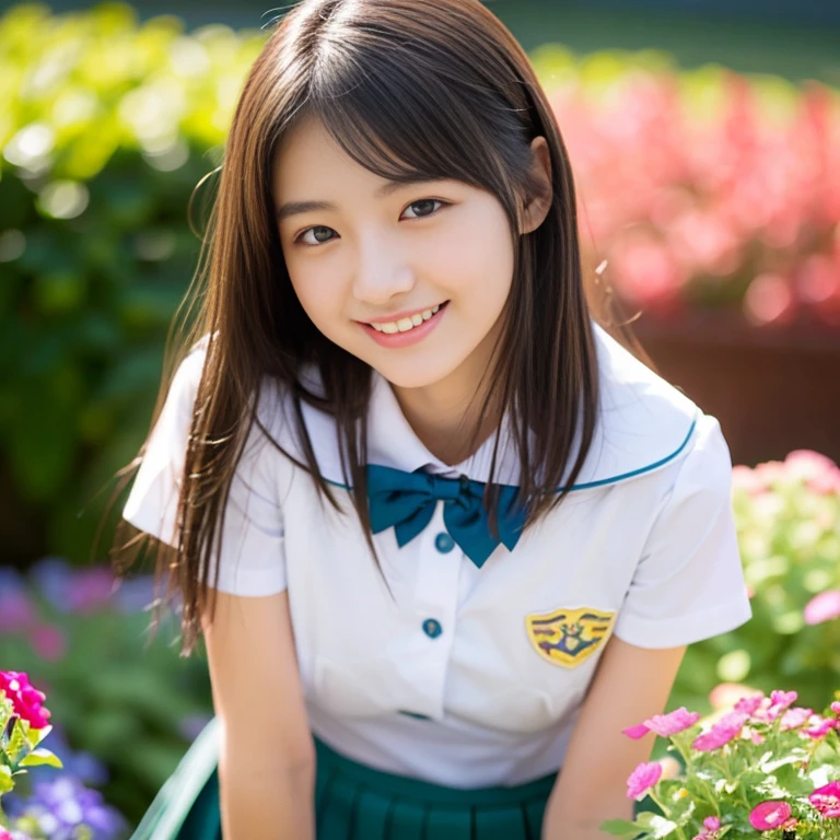 (((full bodyesbian)))、((Girls' High School Uniforms))、((1a person))、ponytail、short-hair、Close to the subject、((a school flower beds)))、(((ssmile)))、(((Girls' High School)))、((a beauty girl))、((natural pose))、Photorealsitic、Beautiful detailed eyes、Hyper-Realism、highcontrast、Ultra HD、realistic skin textures、Top image quality、top-quality、超A high resolution、Fine details、Very meticulously、bokeh、well-endowed round bosom