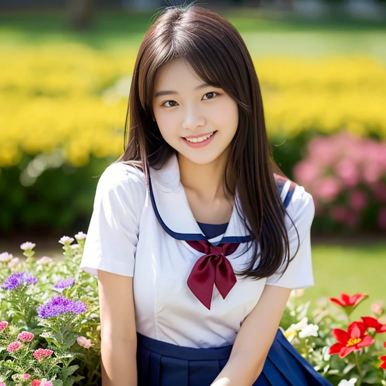 (((full bodyesbian)))、((Girls' High School Uniforms))、((１a person))、ponytail、short-hair、Close to the subject、((a school flower beds)))、(((ssmile)))、(((Girls' High School)))、((a beauty girl))、((natural pose))、Photorealsitic、Beautiful detailed eyes、Hyper-Realism、highcontrast、Ultra HD、realistic skin textures、Top image quality、top-quality、超A high resolution、Fine details、Very meticulously、bokeh、well-endowed round bosom