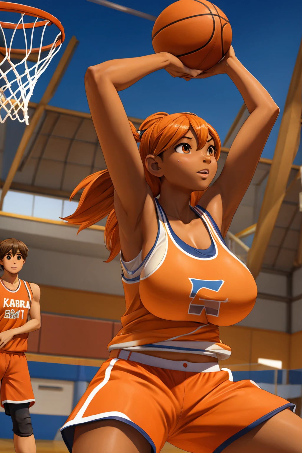 tanned, tan skin, Kel, orange tank top, orange shorts 臉紅 Super huge big breasts breast enlargement Basketball game full-body shot