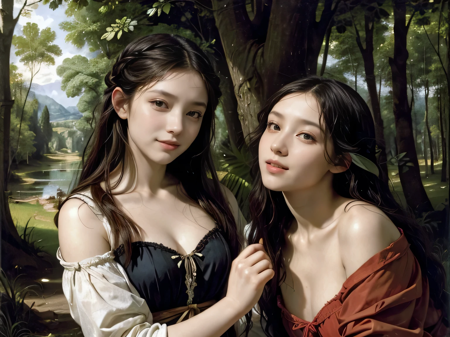 Giorgione painting style,Barbizon forest A beautiful woman in Greek dress smiles on the shore,Sweet and seductive appearance.、Caravaggio's paintings、Chiaroscuro of Caravaggio、hair tousled by the wind,Two women frolicking,cute smile, expression of ecstasy,Sexy,erotic, full body portrait