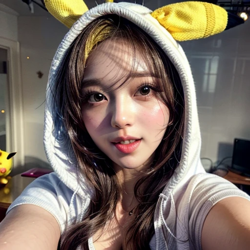  NSFW, (Girl in ((Yellow)) Pikachu hood), (naked hoodie, hood loosely open) . masterpiece 8K best quality, (RAW PhotoRealistic HyperRealism:1.37) Ultra-detailed, (Acutance:0.85), VolumetricLighting, (Studio) gray background with (Blurred colorful Lights dazzling bokeH:1.28), { (Overflowing Gigantic Cleavage;1.2) | Navel | (Golden ray illuminating face) | (Photon Particles:0.95) } . BREAK . (((Extremely detailed KAWAII face))), perfect anatomy, Childish, CaptivatingGaze, Elaborate detailed Eyes with (Sparkling Highlights:1.28), Beautifull Pupils, (Voluminous Long Eyelashes:0.88)、Glossy Lips, Rosy Cheeks, (Flawless FineSkin, Radiant PearlSkin with Transparency) . { (joyful expressions:1.28) | (:d) }, (Large eyes:-1) . ((from above, leaning forward with DownBlouse))