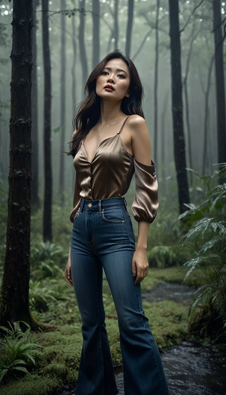8k, ultra-detailed, grainy film photo, masterpiece,muted colors, muffled light, dusk, rainy, moody, noir, woman in forest, elegant, elegant pose, orgasm, untucked:1.3 satin blouse with straps, tight jeans, flared jeans, beautiful long brunette hair, depraved, asian, beige, brown, red