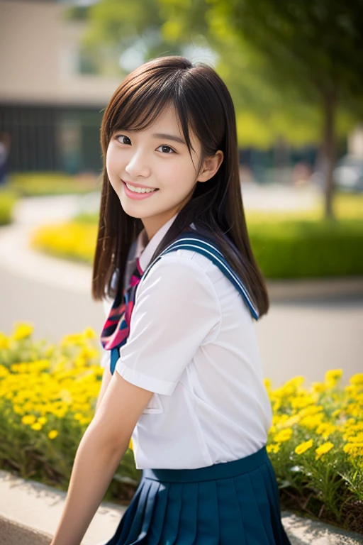 (((full bodyesbian)))、((Girls' High School Uniforms))、((1a person))、ponytail、short-hair、Close to the subject、((a school flower beds)))、(((ssmile)))、(((Girls' High School)))、((a beauty girl))、((natural pose))、Photorealsitic、Beautiful detailed eyes、Hyper-Realism、highcontrast、Ultra HD、realistic skin textures、Top image quality、top-quality、超A high resolution、Fine details、Very meticulously、bokeh、well-endowed round bosom