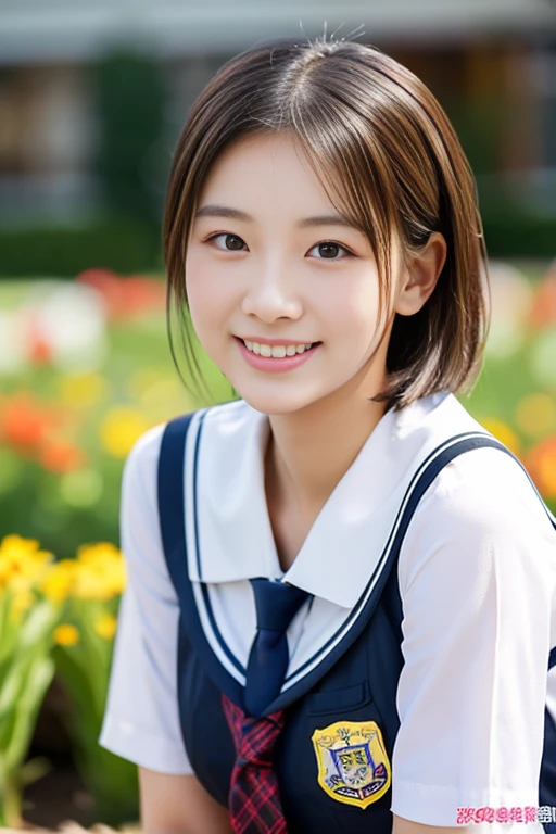 (((full bodyesbian)))、((Girls' High School Uniforms))、((１a person))、ponytail、short-hair、Close to the subject、((a school flower beds)))、(((ssmile)))、(((Girls' High School)))、((a beauty girl))、((natural pose))、Photorealsitic、Beautiful detailed eyes、Hyper-Realism、highcontrast、Ultra HD、realistic skin textures、Top image quality、top-quality、超A high resolution、Fine details、Very meticulously、bokeh、well-endowed round bosom