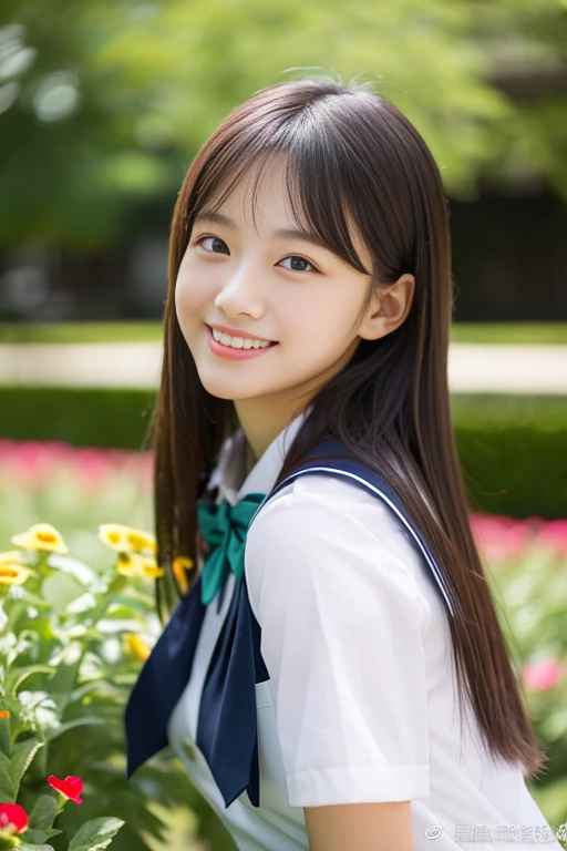 (((full bodyesbian)))、((Girls' High School Uniforms))、((1a person))、ponytail、short-hair、Close to the subject、((a school flower beds)))、(((ssmile)))、(((Girls' High School)))、((a beauty girl))、((natural pose))、Photorealsitic、Beautiful detailed eyes、Hyper-Realism、highcontrast、Ultra HD、realistic skin textures、Top image quality、top-quality、超A high resolution、Fine details、Very meticulously、bokeh、well-endowed round bosom