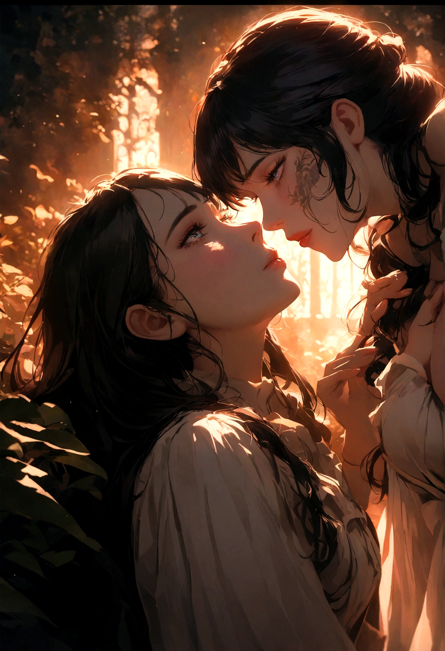 a redhaired woman kissing a black-haired man, beautiful detailed eyes, beautiful detailed lips, extremely detailed eyes and face, long eyelashes, romance, intimate, passionate, cinematic lighting, dramatic, 8k, high quality, masterpiece, vibrant colors, chiaroscuro lighting, dramatic shadows, intricate details, detailed facial features, elegant poses, emotional connection, beautiful background, lush environment, mystical atmosphere, cinematic composition