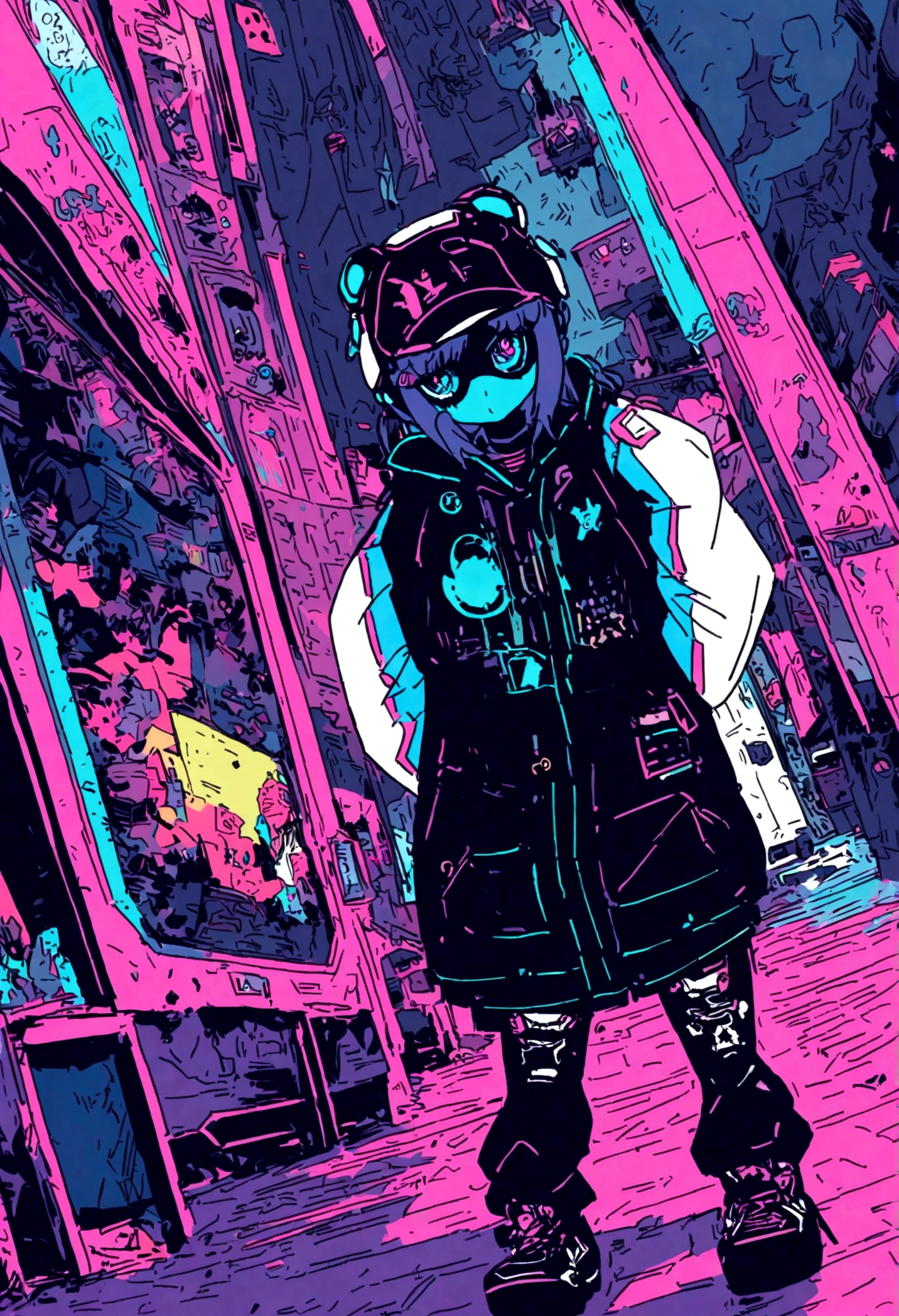 Modern simulation,Anime-style environment wide-angle shot,Nightly chaotic arcade shots; A girl in street clothes;Sci-fi. Line art. Environmental arcade art.,cyber punk perssonage
