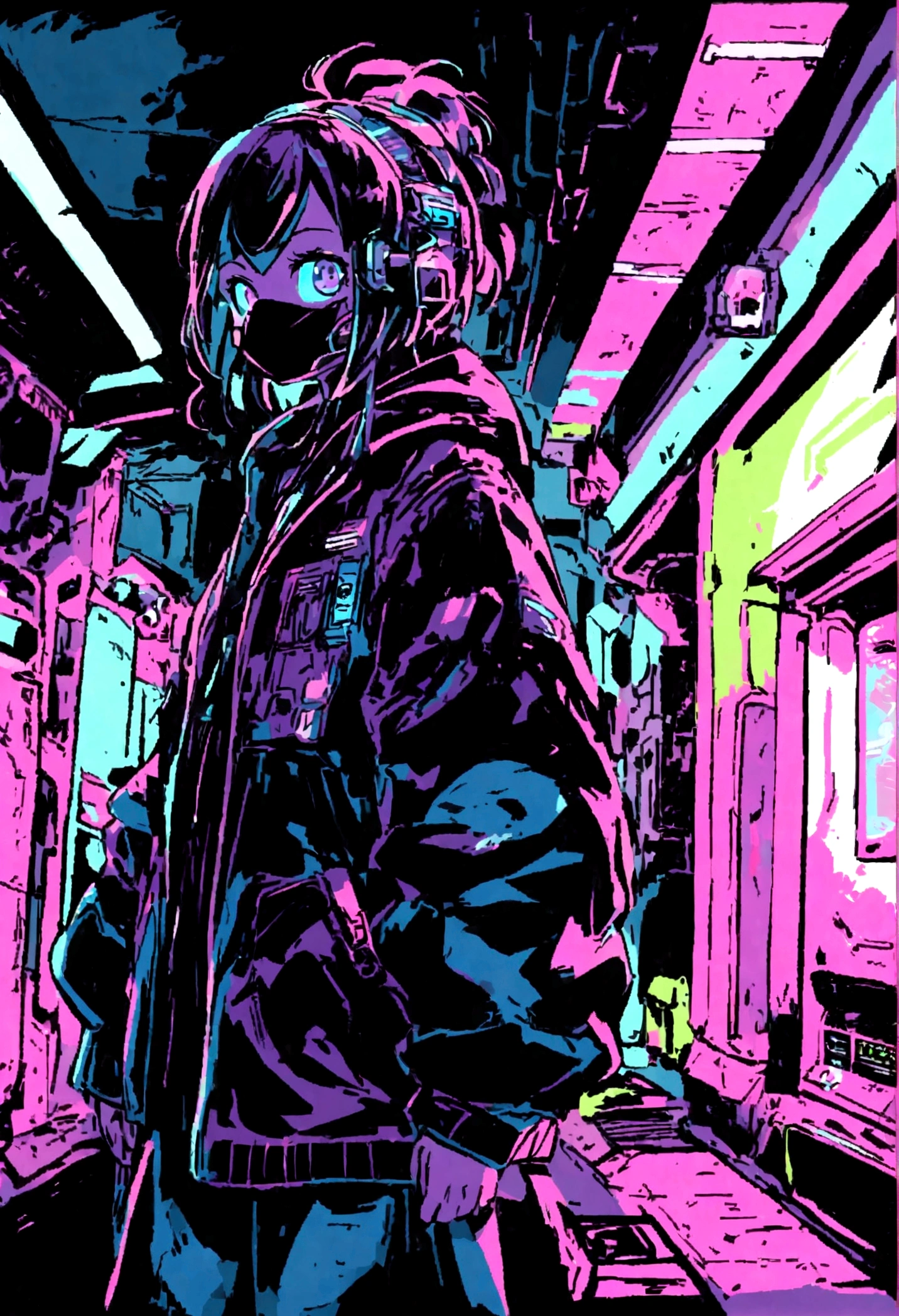 Modern simulation，Anime-style environment wide-angle shot，Nightly chaotic arcade shots; A girl in street clothes;Sci-fi. Line art. Environmental arcade art.，cyber punk perssonage