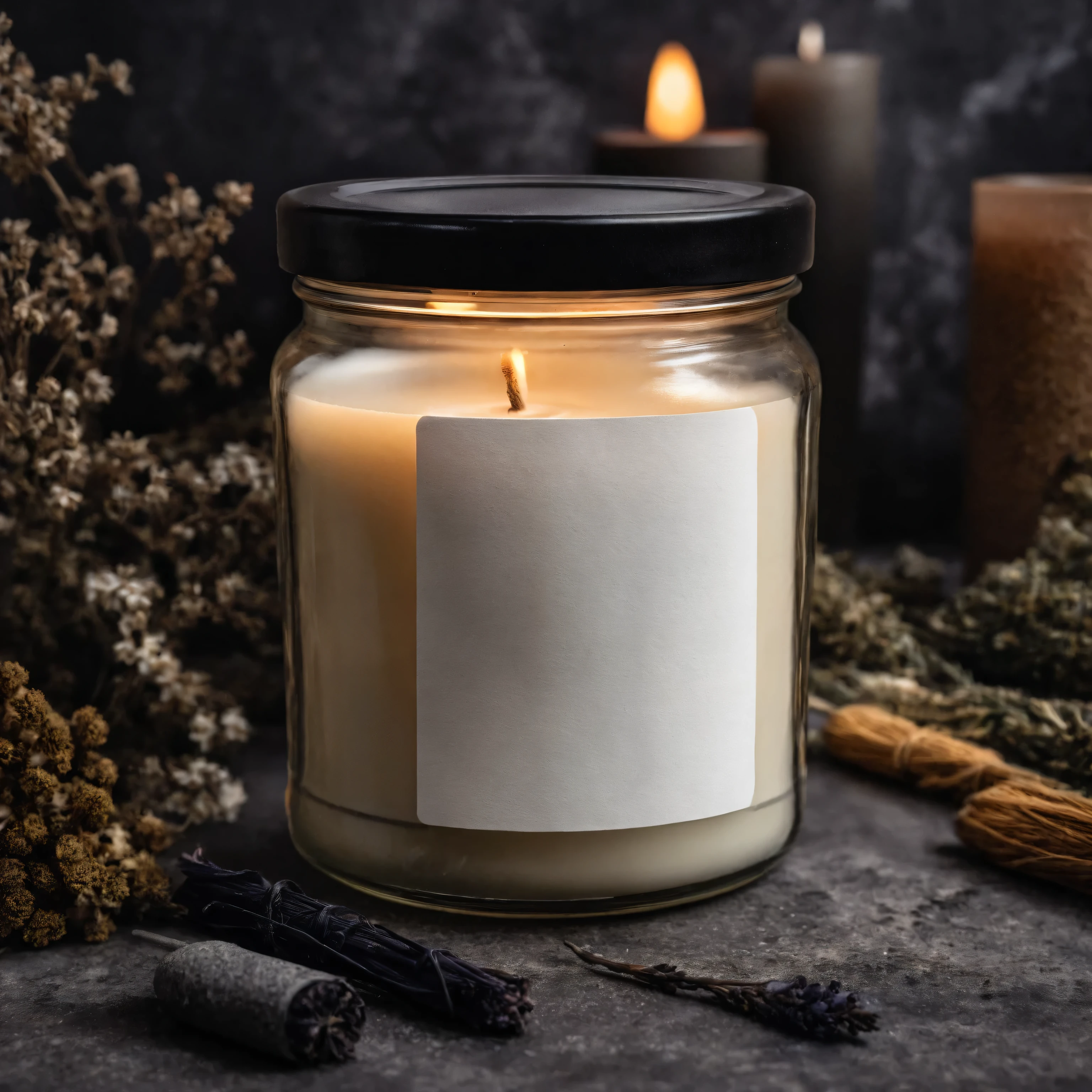 Mockup empty, a blank small beige candle in a jar with white label and black lid surrounded by esoteric items, in moody, dark esoteric environment, new age themed, incense, candles, potions, dried flowers