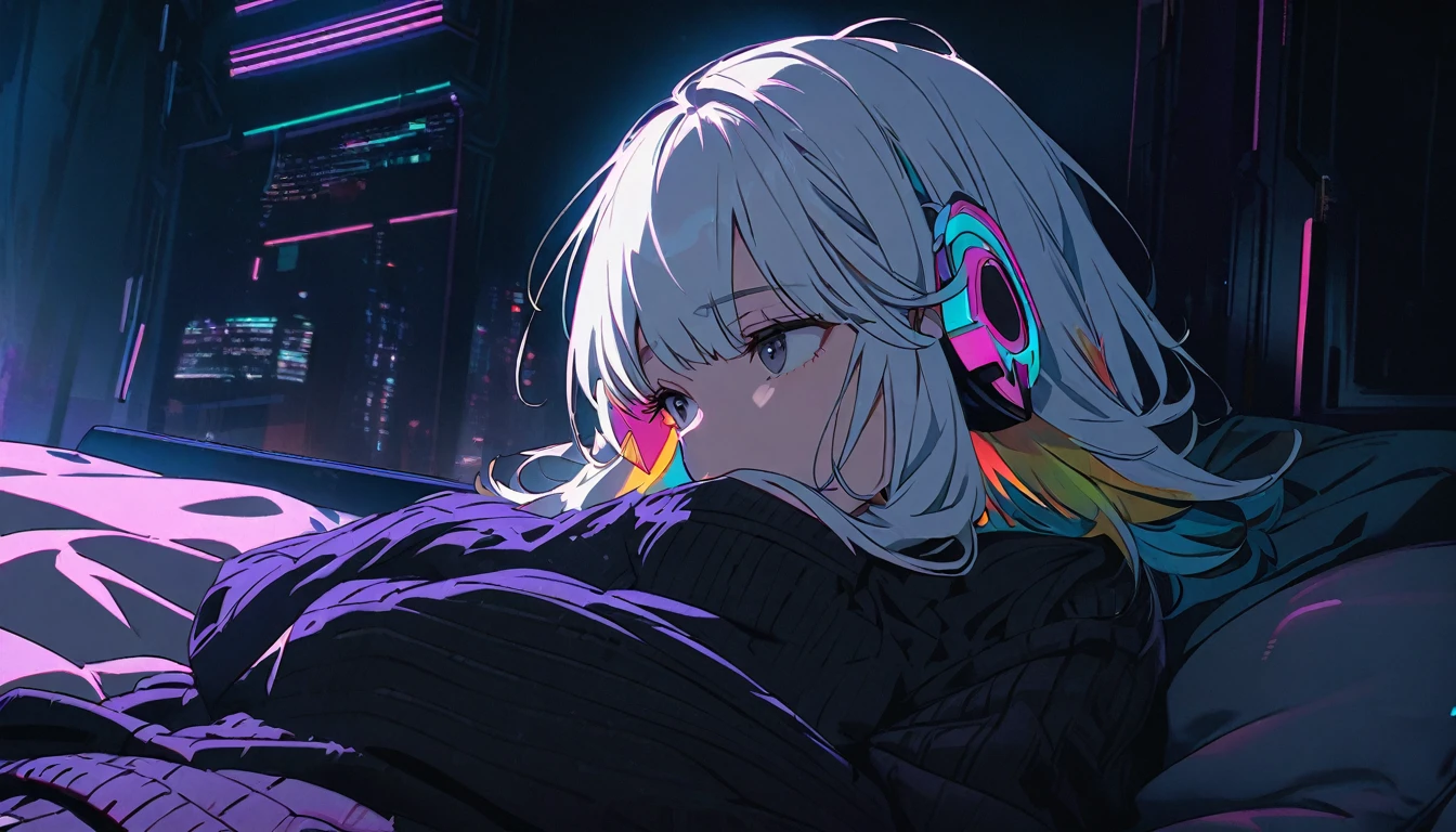 Handsome cute, Solitary, 1 female, Medium Length Hair, white hair, Rainbow hair, sleepy Eyes, Rainbow headphone, knit dress, Futuristic, Cyberpunk, Cybernetics panoramic, in the night, looking away, lie face down, bed