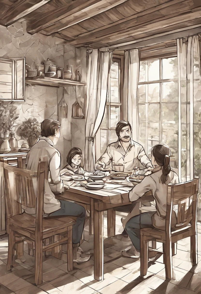 rural house interior, dining room, wooden furniture, sunlight streaming through window, early afternoon, rustic decor, stone fireplace, simple curtains, traditional kitchen utensils, wooden dining table for four, used dishes and cutlery, half-empty glasses, bowl of fruit on the table,
father standing, pointing finger at son, yelling, angry expression, simple rustic clothes,
mother standing opposite side of the table, arguing heatedly with son, frustrated and angry expression,
age son standing, facing parents, challenging and frustrated expression,
younger daughter sitting at the table, looking uncomfortable and worried,
palpable tension, sunlight creating contrast between peaceful environment and intense argument