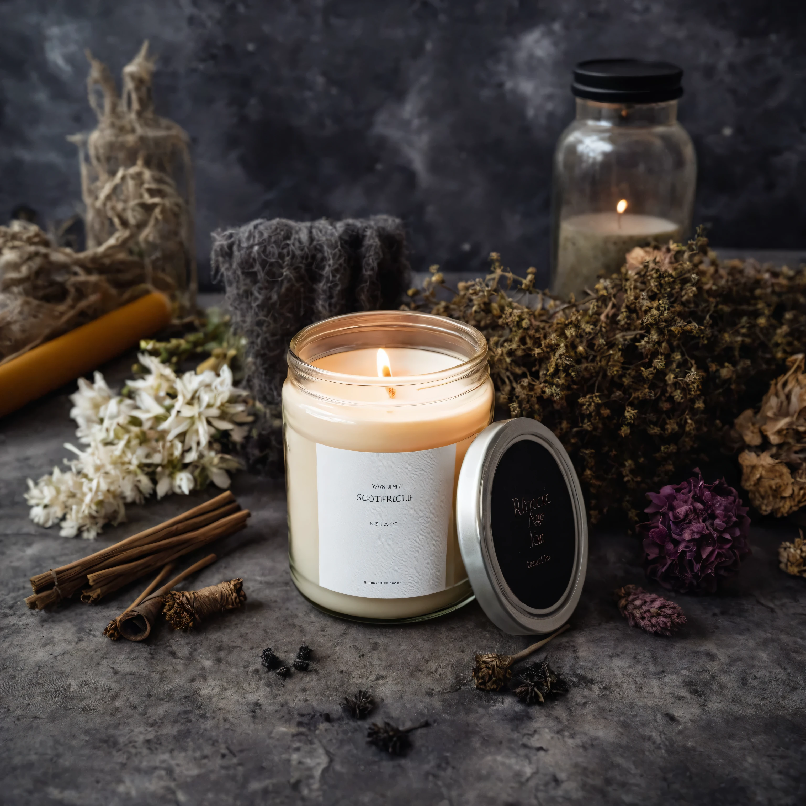 Mockup empty, a blank small beige candle in a jar with white label and black lid surrounded by esoteric items, in moody, dark esoteric environment, new age themed, incense, candles, potions, dried flowers