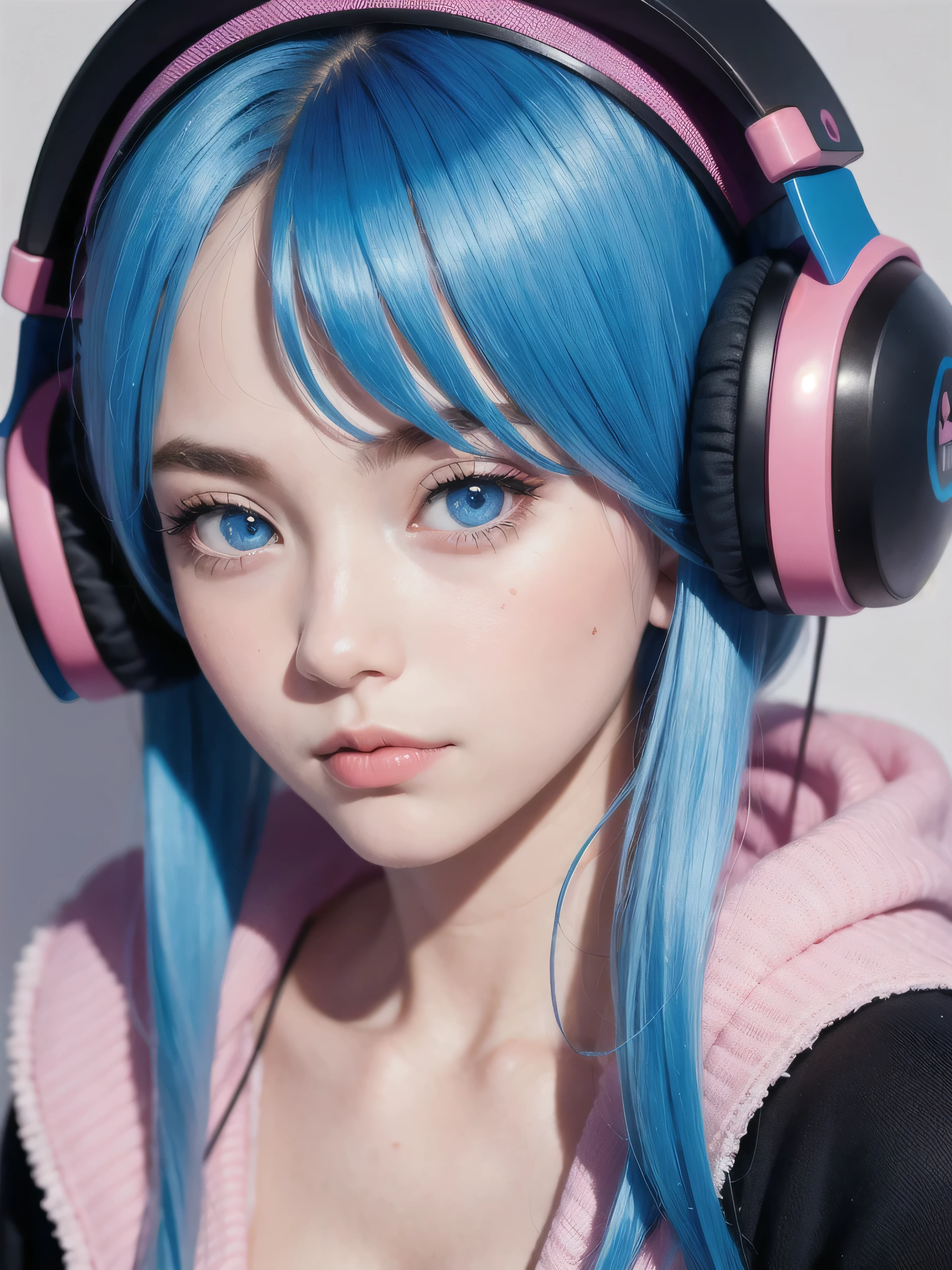 1 girl, blue hair, wear pink headphone, gamer girl, blue eyes, potrait, looking at viewer