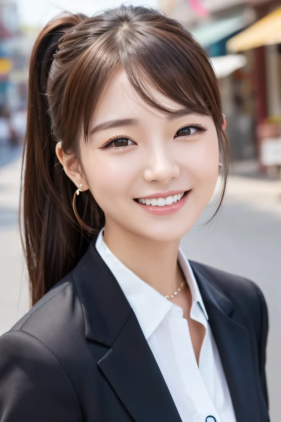 young woman、 Korean women、Brown Hair、Hairstyle Ponytail、ear piercing、、Black business suit、smile、Laugh with your mouth closed、Intricate details, Very detailed:1.2), 、 Looking into the camera,The background is the town、