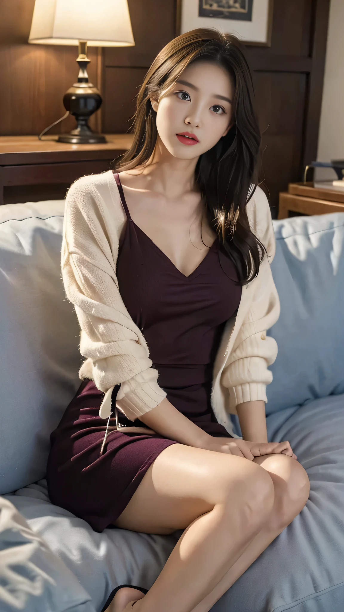 1girl in,Sitting on a cozy sofa,cross one's legs,Soft light,Chinese beauty, dark purple dress,A dark-haired,length hair