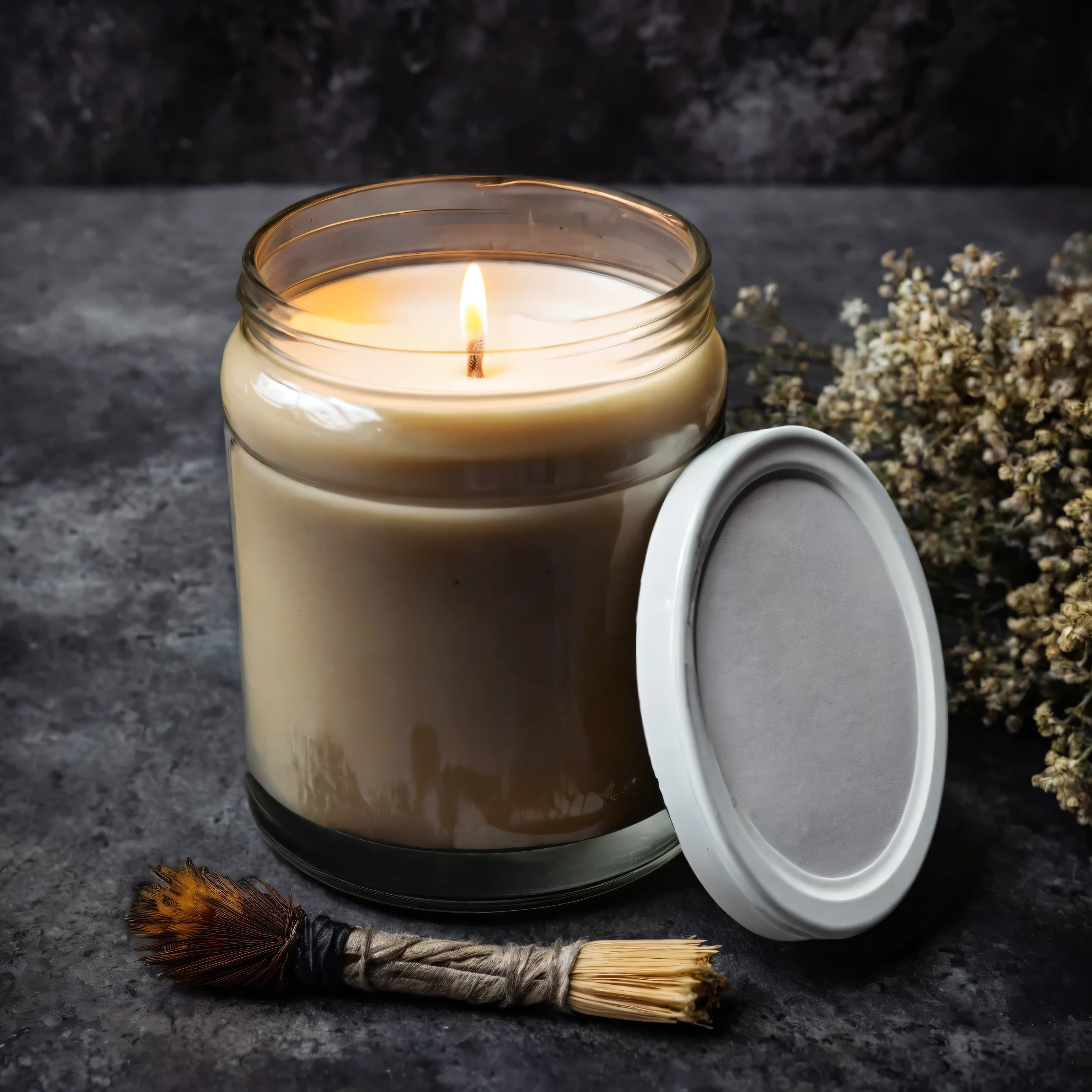 Mockup empty, a blank small beige candle in a jar with white label and black lid surrounded by esoteric items, in moody, dark esoteric environment, new age themed, incense, candles, potions, dried flowers